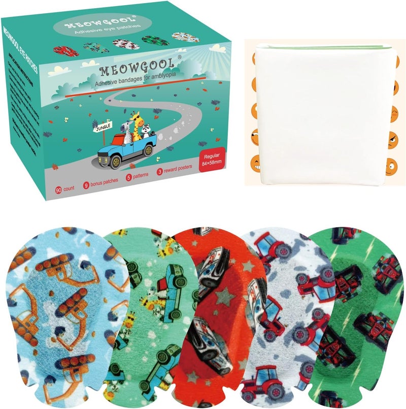 MEOWGOOL Adhesive Eye Patches for Kids with Lazy Eye, 90+9 Bonus Patches,Adhesive Bandages for Amblyopia 5 Fun Boys Designs (Regular Size) - Image 1